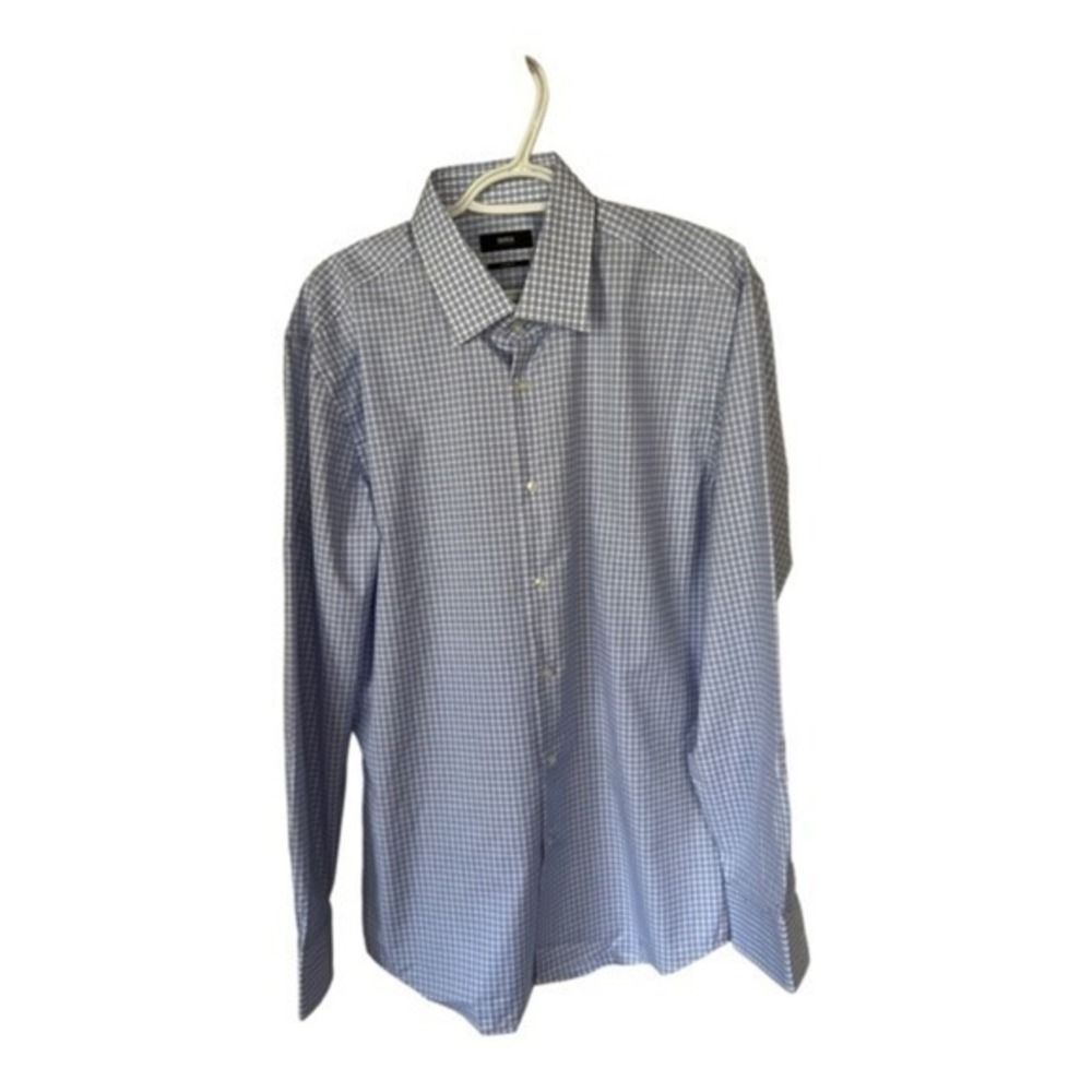 BOSS Hugo Boss Jango Tahoe Blue Plaid Long Sleeve Button Down Dress Shirt 17 New